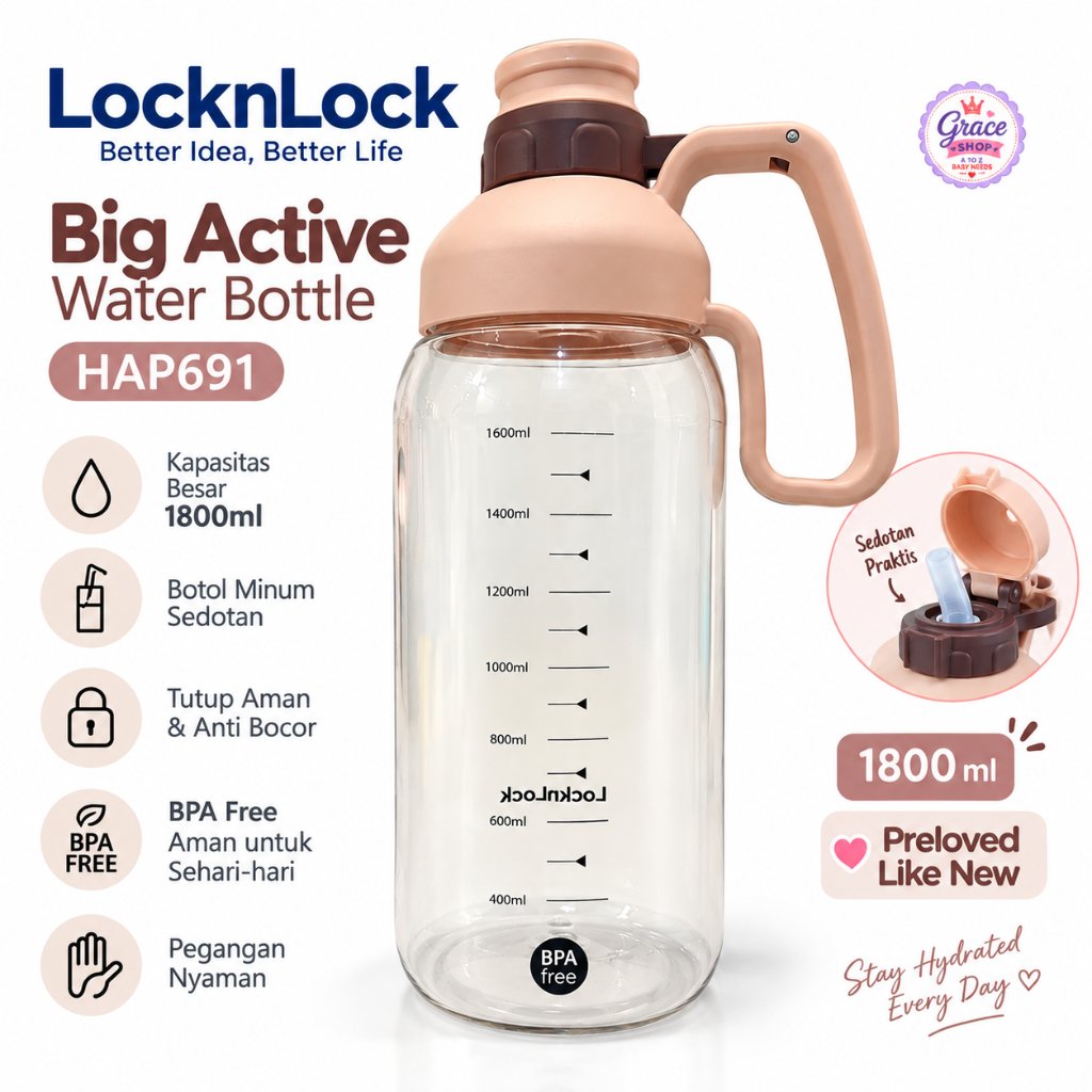 LocknLock HAP691 Botol Minum Sedotan 1800ml Big Active Water Bottle | Preloved Like New