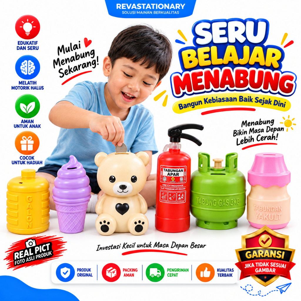 NauraToys Celengan Anak Karakter Unik Plastik Edukasi Menabung LPG Galon APAR Es Krim Yakult Nanas N