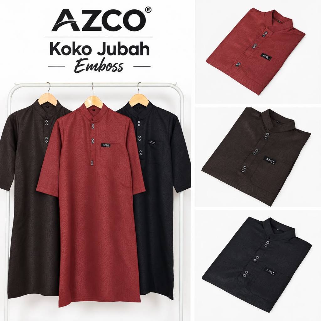 AZCO Koko Jubah Emboss Anak Lengan Panjang Kerah dengan Saku