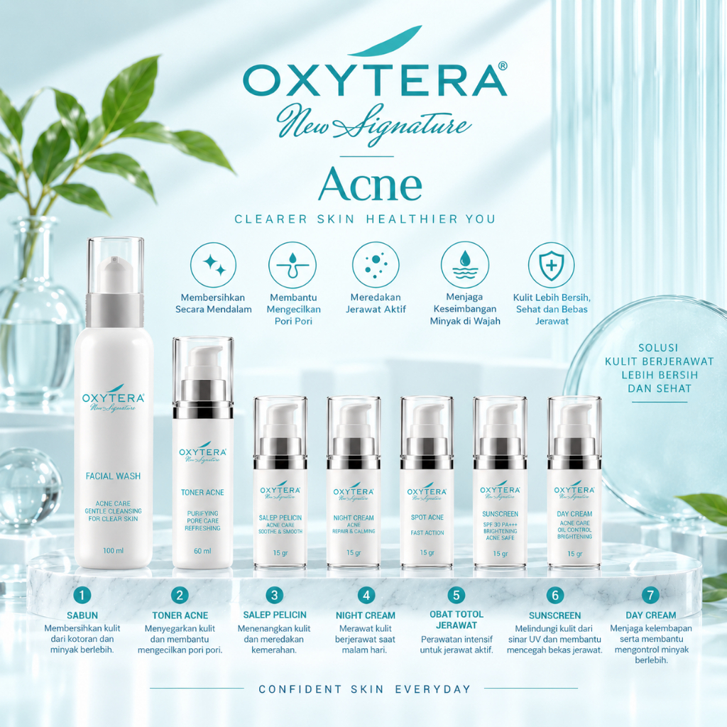 OXYTERA NEW SIGNATURE ACNE SKINCARE SET UNTUK KULIT BERJERAWAT FACIAL WASH TONER SALEP PELICIN NIGHT