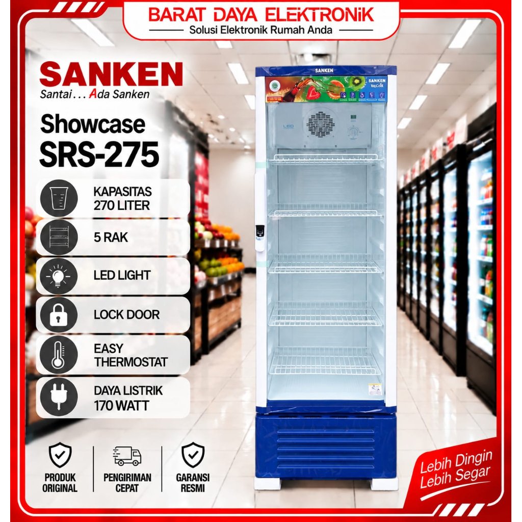 SHOWCASE TINGGI 5 RAK PENDINGIN SANKEN SRS - 275 LEMARI PENDINGIN MINUMAN SHOWCASE SANKEN