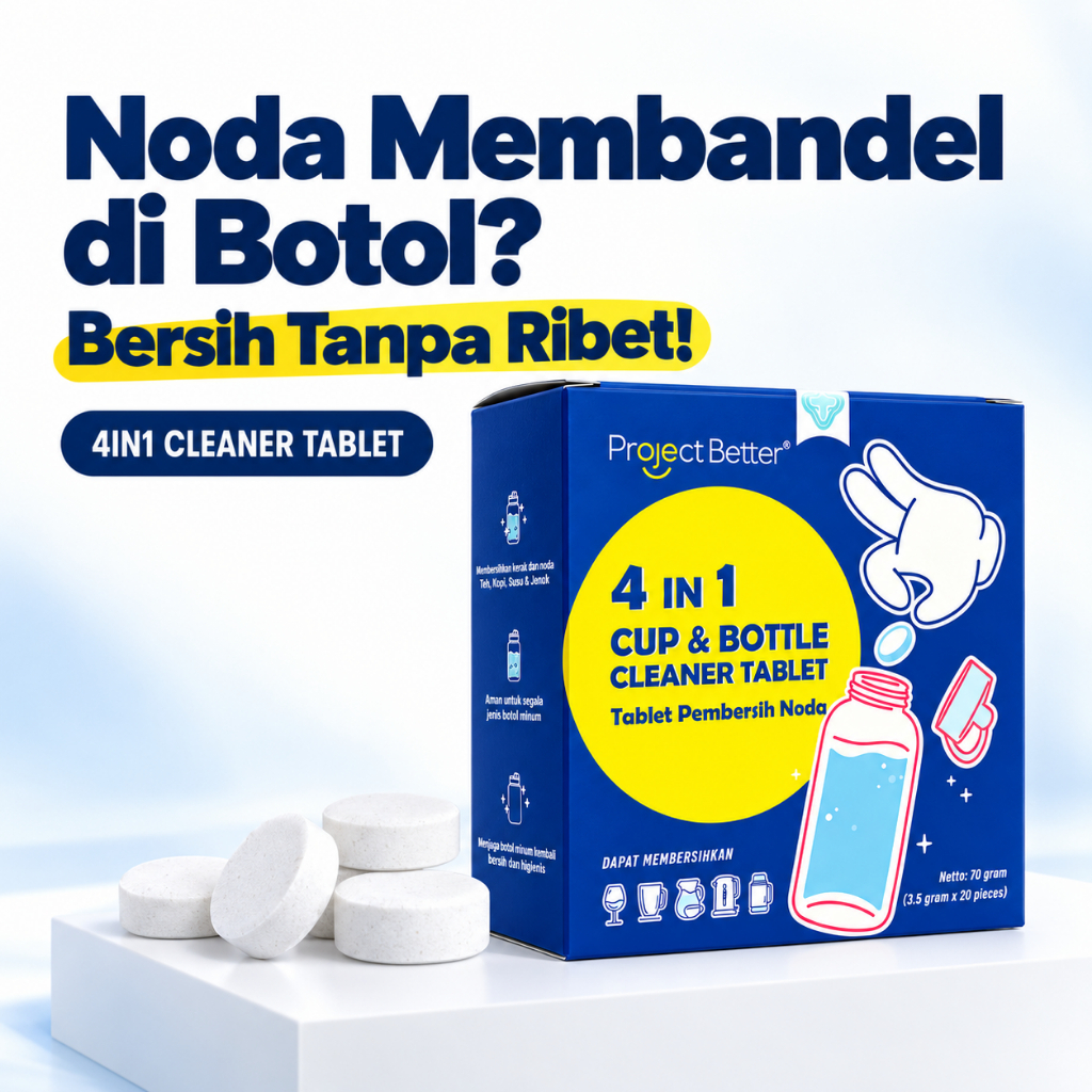 4IN1 CLEANER TABLET UNTUK BOTOL MINUM, TUMBLER, GELAS, TEKO, TERMOS, BERSIHKAN NODA BEKAS TEH, SUSU,