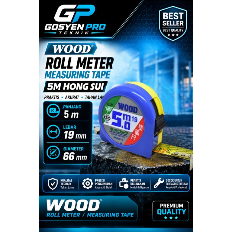 METERAN ROLL HONG SUI / MEASURING TAPE 5.0 M HS WOOD - High Quality, Dua Sisi Angka Bolak Balik