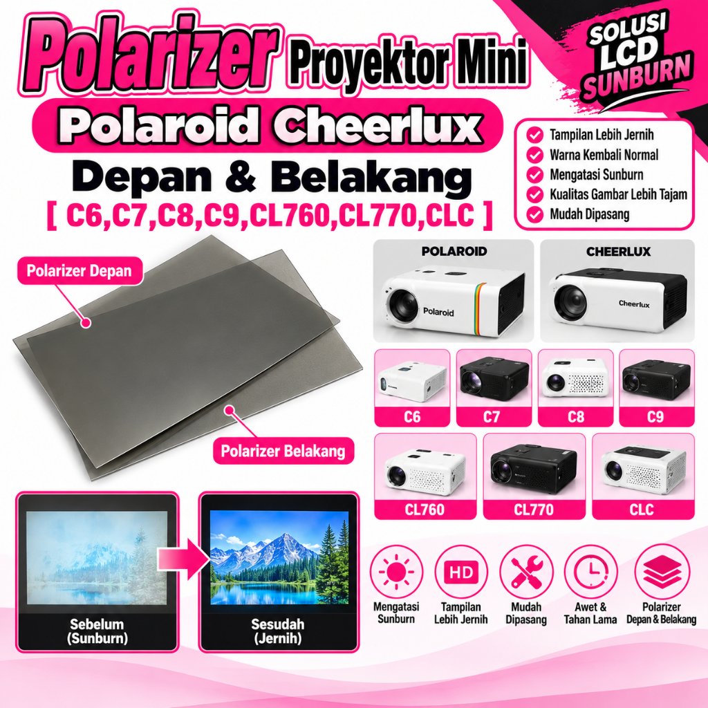 Polarizer Proyektor Mini Polaroid Cheerlux Depan & Belakang [C6,C7,C8,C9,CL760,CL770,CLC]