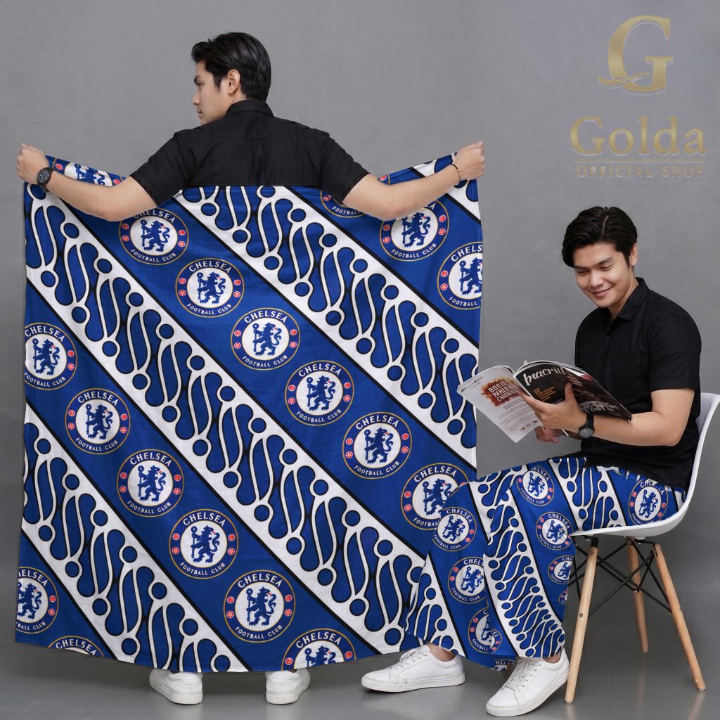 GOLDA Sarung Dewasa Fullprint Batik Parang Logo Klub Bola Chelsea Biru Putih
