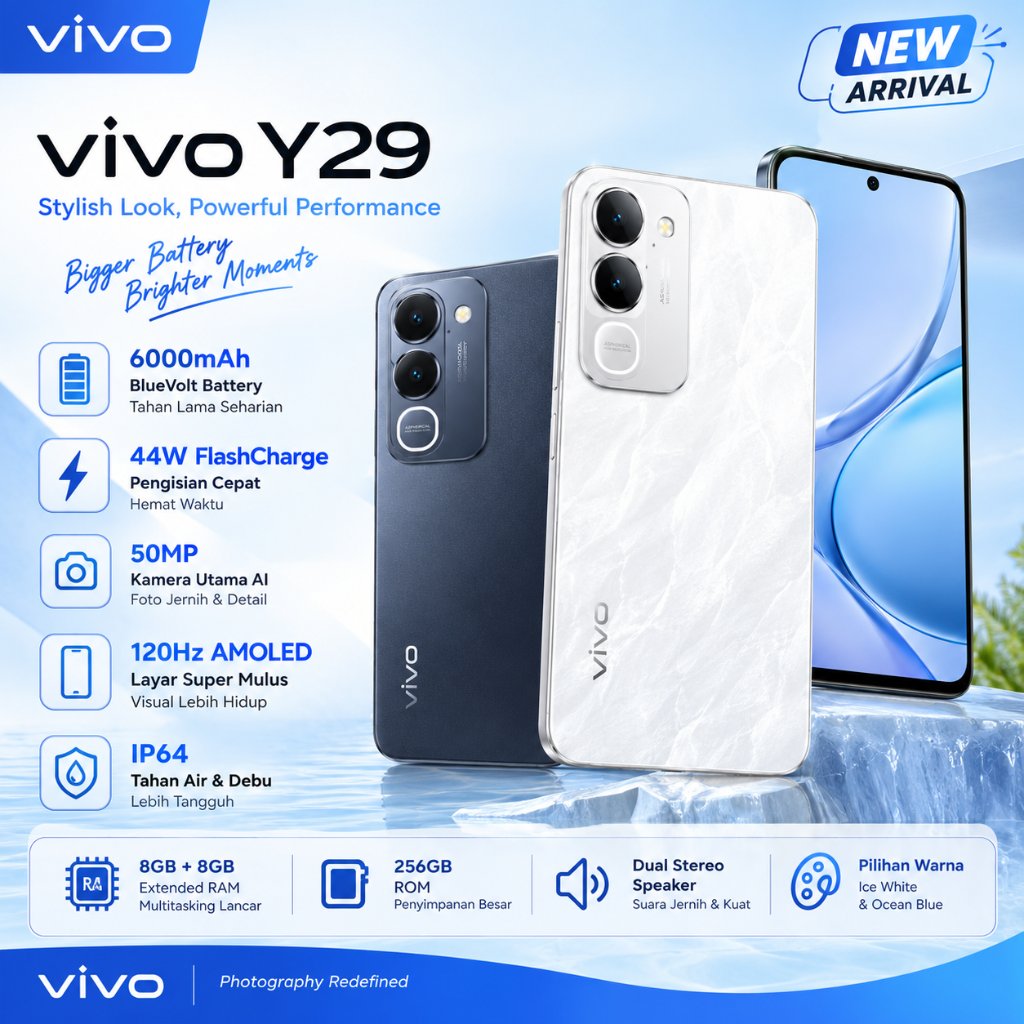 HP vivo Y29 RAM 8GB ROM 256GB Smartphone Android Layar Besar Baterai Tahan Lama Kamera Jernih Garans
