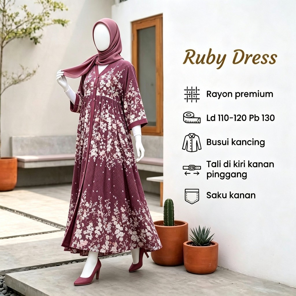 Ruby Dress Rayon Premium Jumbo Busui Bumil Lengan 7/8 Kekinian