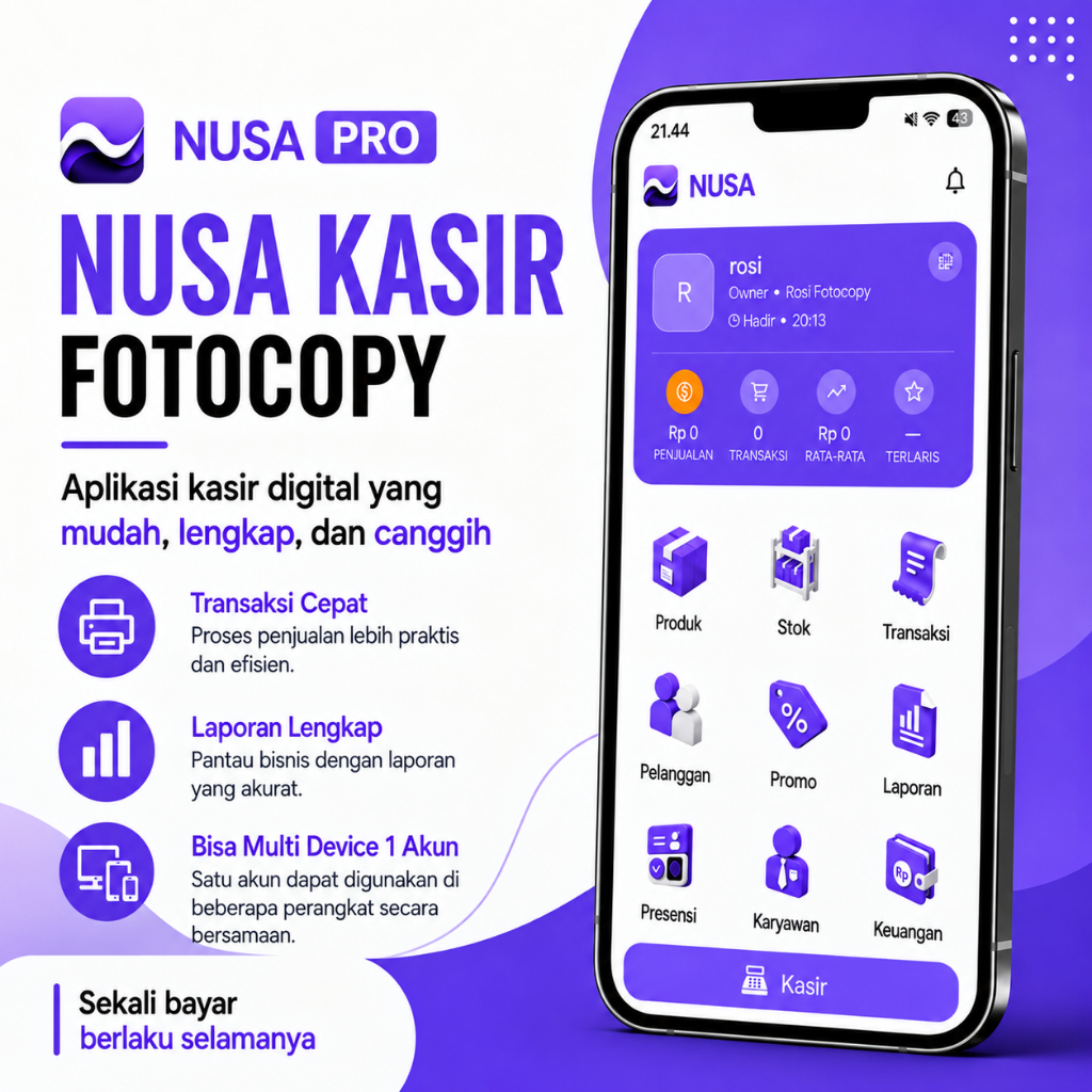 Aplikasi Kasir Digital untuk Fotocopy, Percetakan & Toko ATK (Android) Multi HP Cloud — NUSA Fotocop