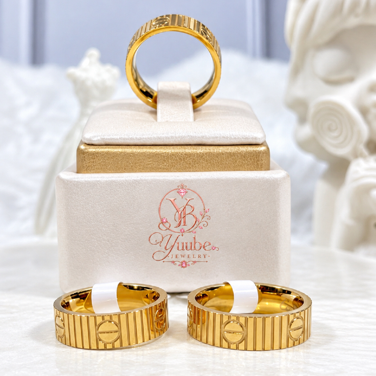 YUUBE - Cincin Motif Cartier Garis Titanium/Stainless Stell Perhiasan Solitaire Lapis Emas Batu Perm