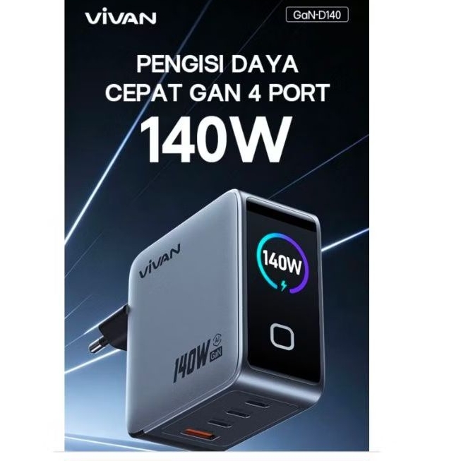 Pengisi Daya Cepat Vivan GaN-D140 4 Port 140W dengan Layar Digital