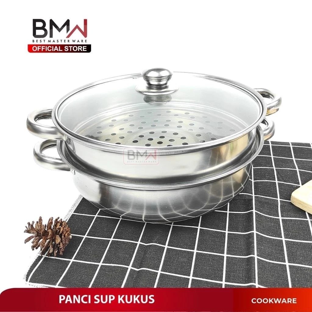 BMN Panci Sup Kukus Stainless dengan Tutup Kaca dan Saringan Dudukan