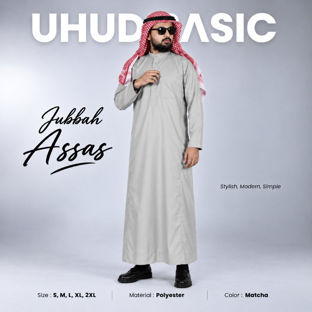 Uhud Basic - Jubah Assas Jubah Pria Dewasa Berbahan Polyester Lembut dan Nyaman S-2XL