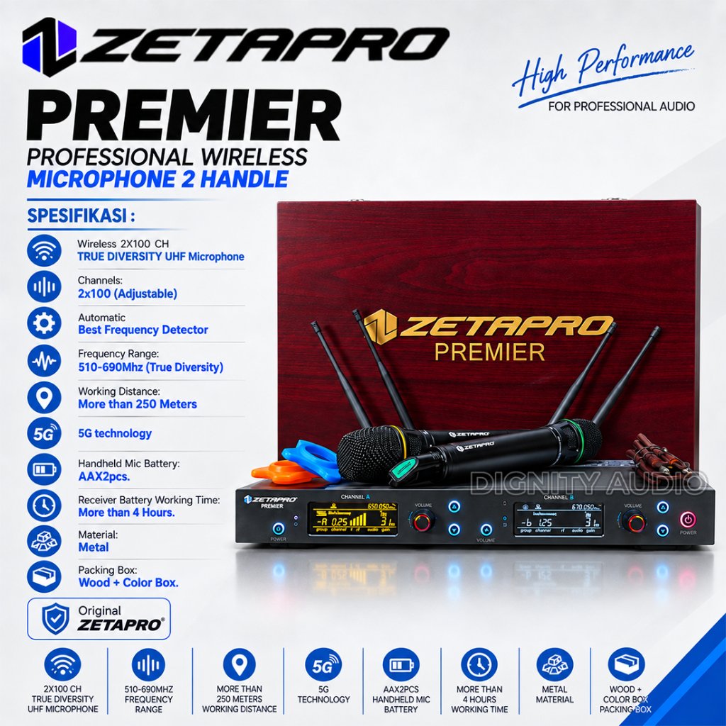 ZETAPRO PREMIER Microphone Wireless 2 Handle Free Box | Hardcase Kayu Original