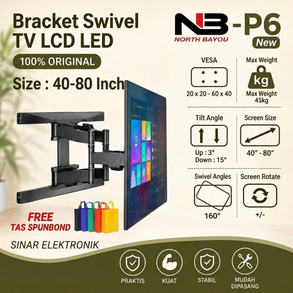 BRACKET LENGAN SWIVEL TV LCD LED MONITOR 40 SAMPAI 80 INCH NB P6