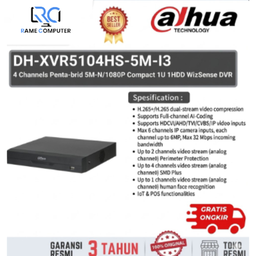 DVR CCTV Dahua 4 Channel DH XVR5104HS 5M I3 WizSense 5MP Perekam Kamera CCTV 4CH Compact 1U Original