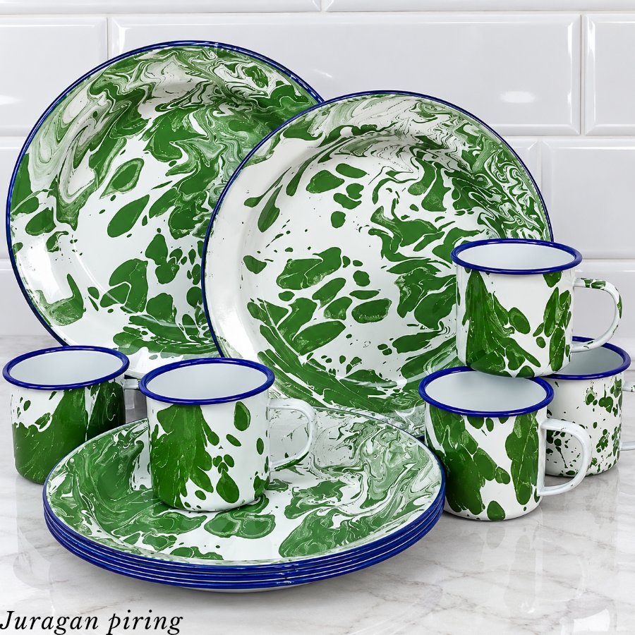 SET 4 PCS Mug Piring Enamel Motif Blirik Hijau / Enamel Jadul Vintage