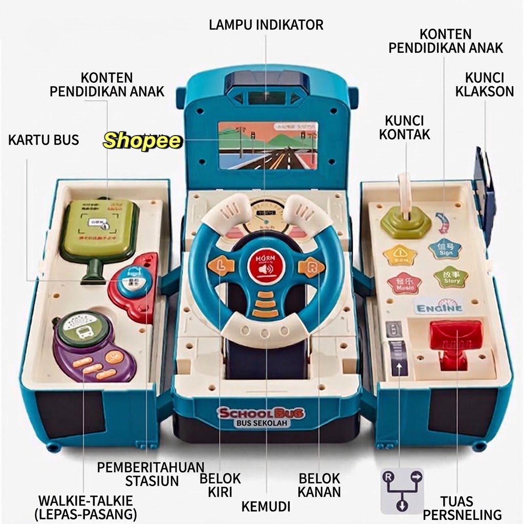 PERAN MAINAN ANAK DIY TRANSFORMER SCHOOL BUS SETIR PARKING LOT STEERING SIMULATOR MOBIL MUSIK