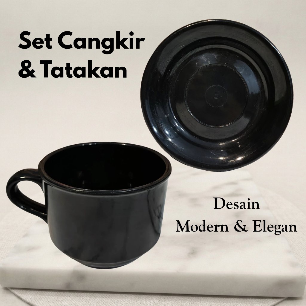 1 SET CANGKIR KOPI + TATAKAN GELAS PLASTIK SEMI MELAMIN WARNA HITAM