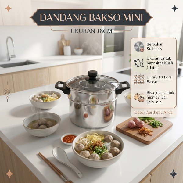 Dandang bakso tutup kaca mini uk 18cm