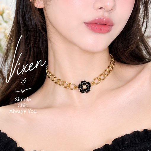Kalung Choker Vixen rantai emas dengan motif bunga hitam untuk wanita
