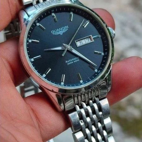 Jam Tangan Pria GUANQIN Automatic Japan Move Analog Tali Logam Warna Biru
