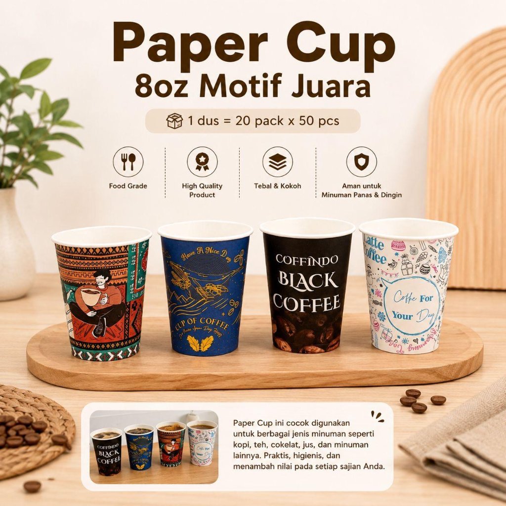 Paper Cup / Gelas Kertas Panas Polos & Motif dan Tutup Murah / Kopi Coffee / Teh Tea / Ukuran 8oz / 