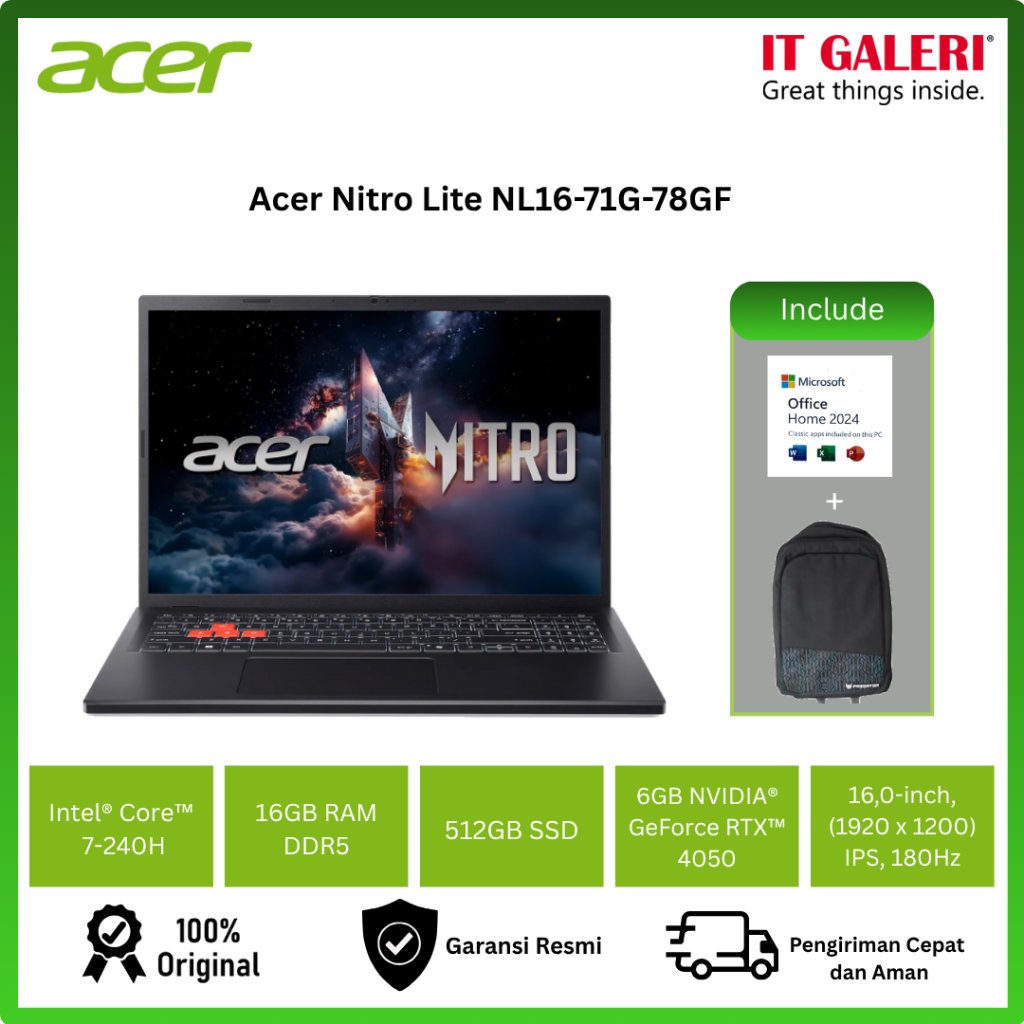 Laptop Acer Nitro Lite NL16-71G-78GF - Intel Core i7-240H | 16GB RAM | 512GB SSD | RTX 4050