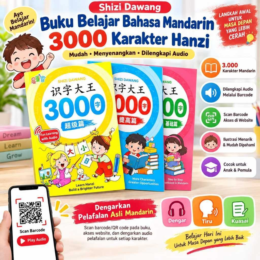 Buku Belajar Bahasa Mandarin Hanzi 3000 Karakter Shizi Dawang Dilengkapi Audio