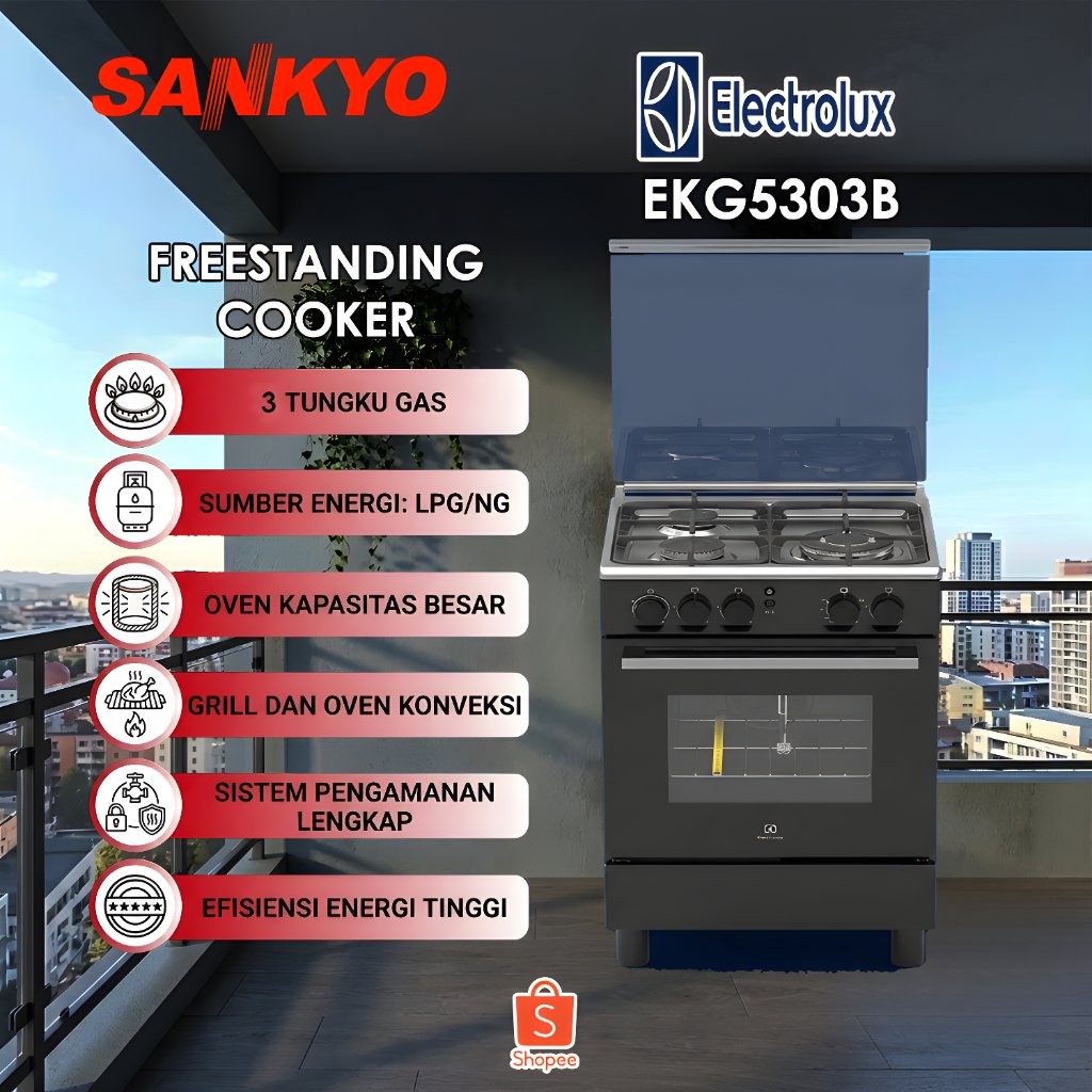 Electrolux Kompor Gas EKG5303B 3 Tungku Freestanding  - EKG 5303B 50cm Oven Gas 62L Garansi Resmi