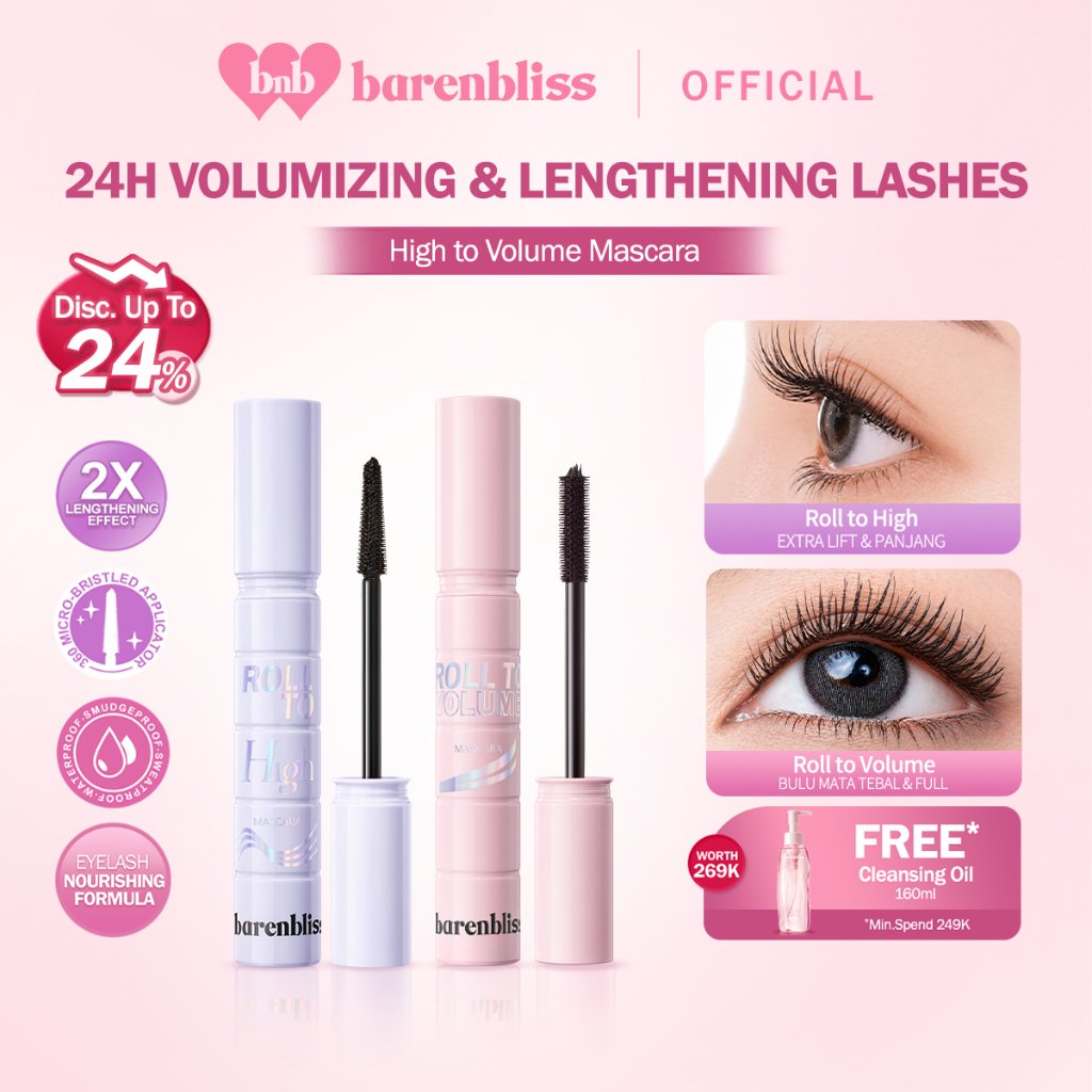 [MUST HAVE] BNB barenbliss Roll To Volume & Roll To High Mascara 8g Maskara Tahan lama 24 Jam Volumizing Lengthening Waterproof Smudgeproof Sweatproof Tanpa Gumpal Bulu Mata Panjang Tebal & Lentik Dengan 4X Peptide Vitamin E Jojoba Oil bnb officia