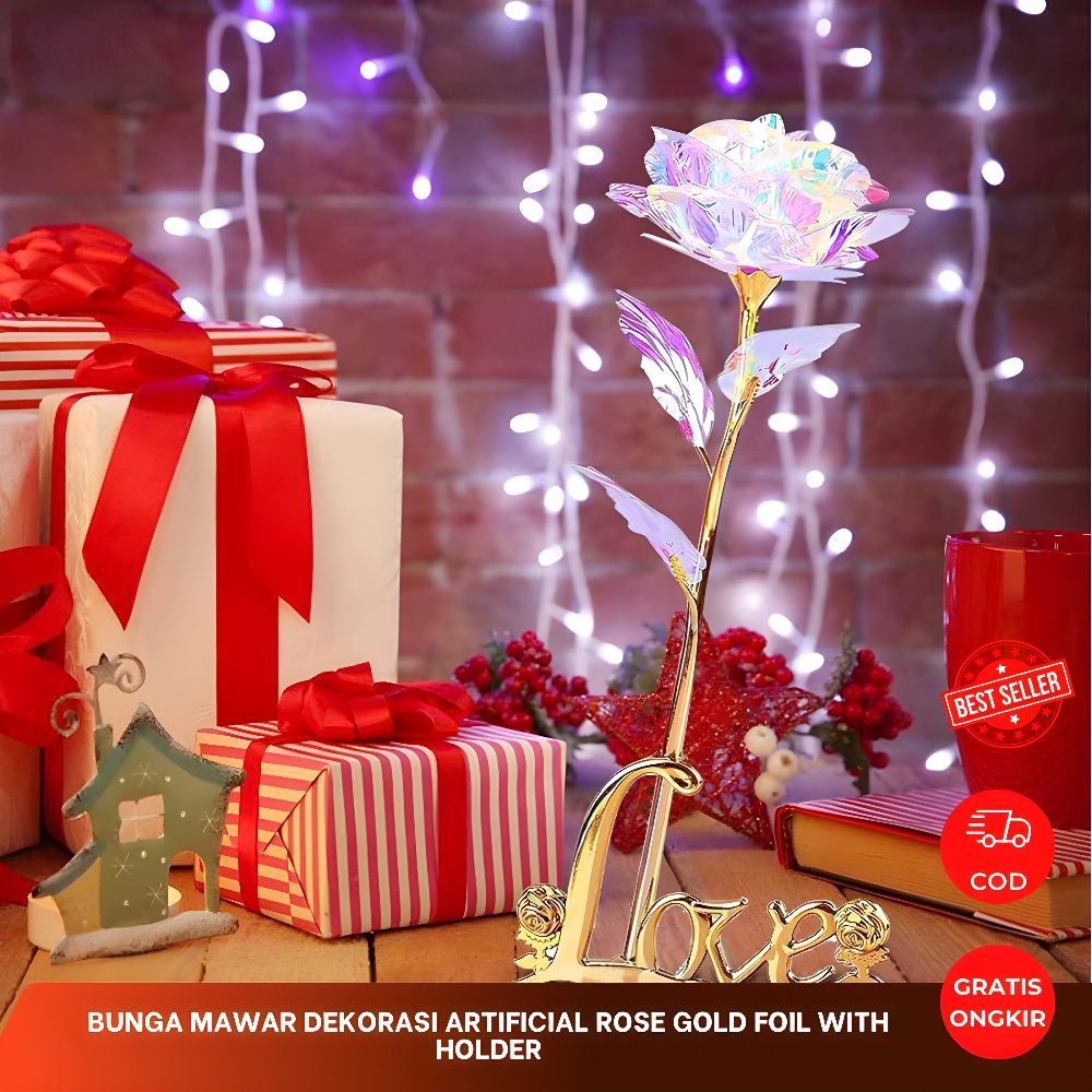 Bunga Mawar Dekorasi Artificial Rose Gold Foil with Holder / Bunga Mawar Hias / Bunga Mawar Rose Gol