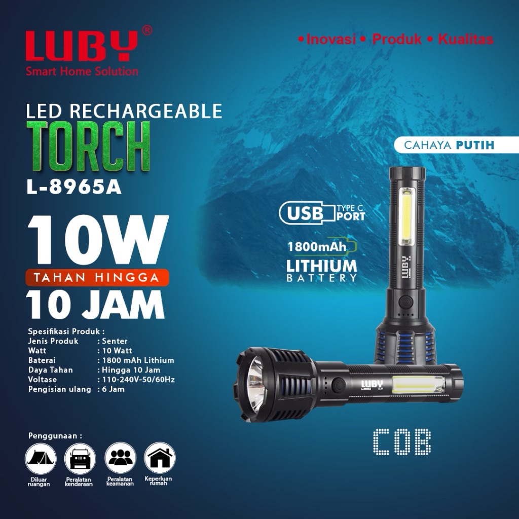 LUBY L-8965A / L-8966A Senter Tangan Led Rechargeable COB Cahaya Putih