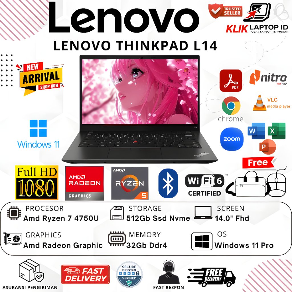 Lenovo Thinkpad L14 Amd Ryzen 7  PRO 4750U 32GB 512GB 14.0 Fhd Windows 11 Profesional Second