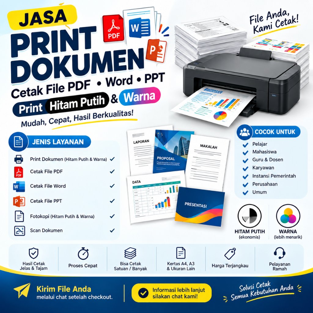 JASA PRINT DAN CETAK DOKUMEN, TUGAS, LAPORAN, MAKALAH, SKRIPSI, HITAM PUTIH MAUPUN BERWARNA, HVS A4 