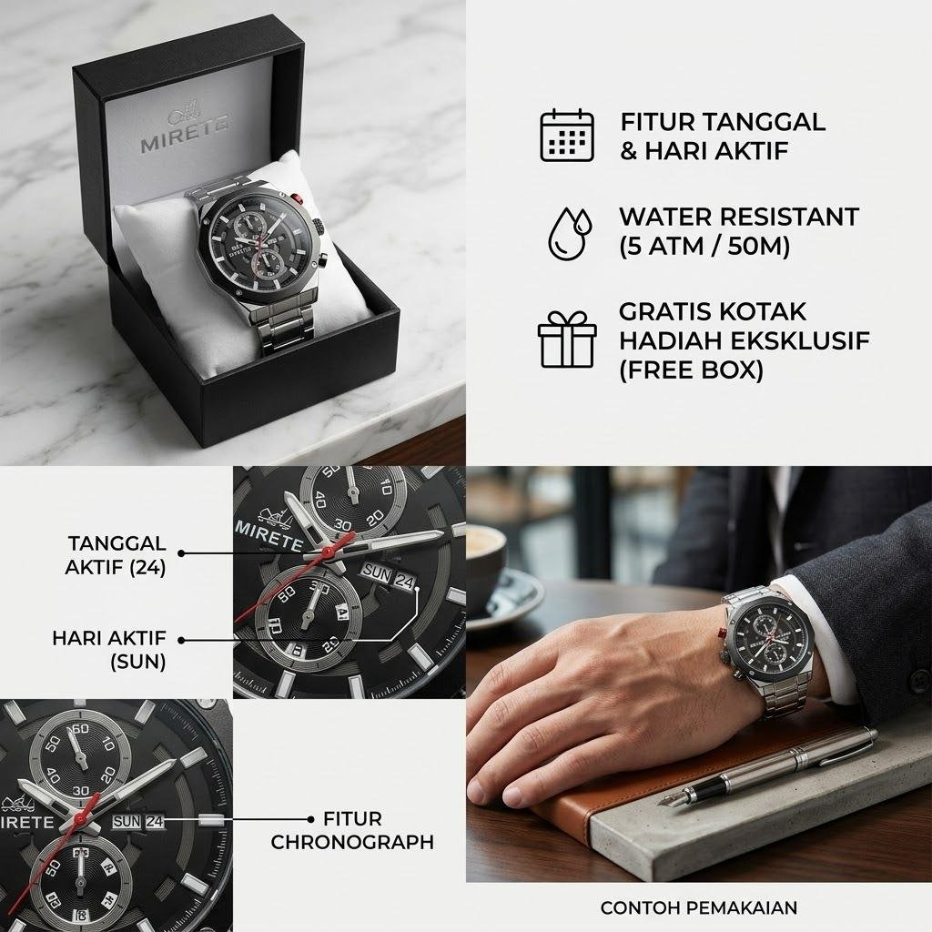 Jam Tangan Pria Silver / Putih Mirete Tanggal Hari Aktif Rantai Stainless