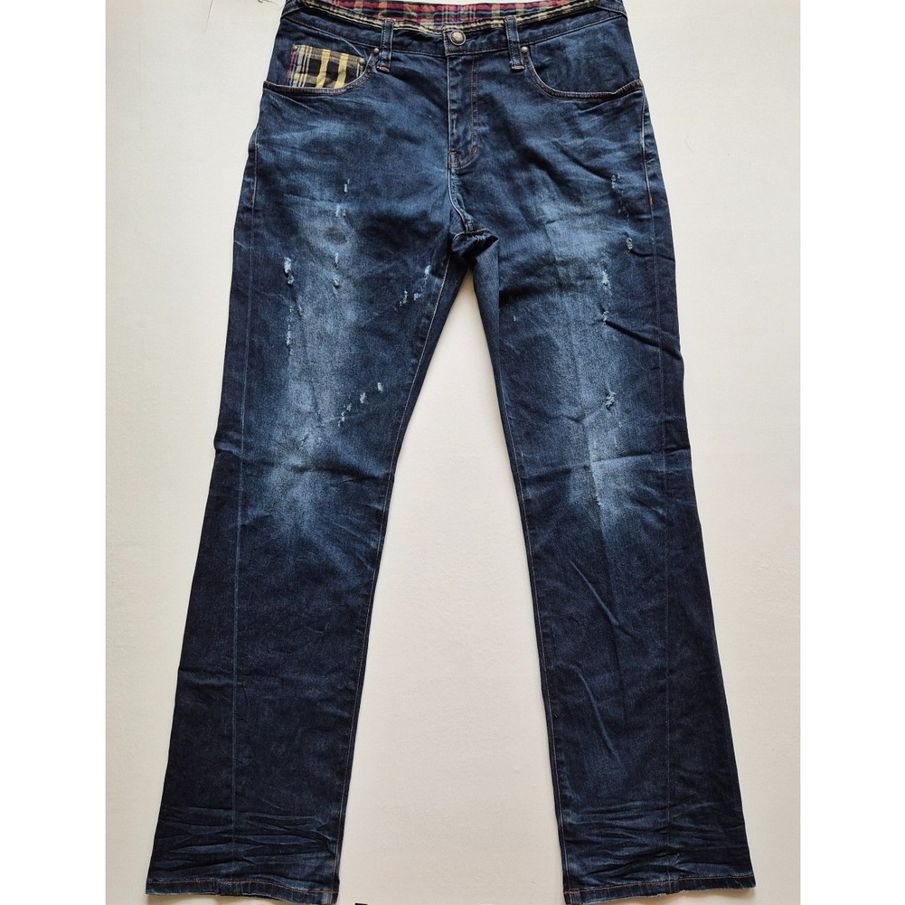 EVISU Jeans Distressed Plaid Tartan Seagull Celana Panjang Denim Pria Size 32