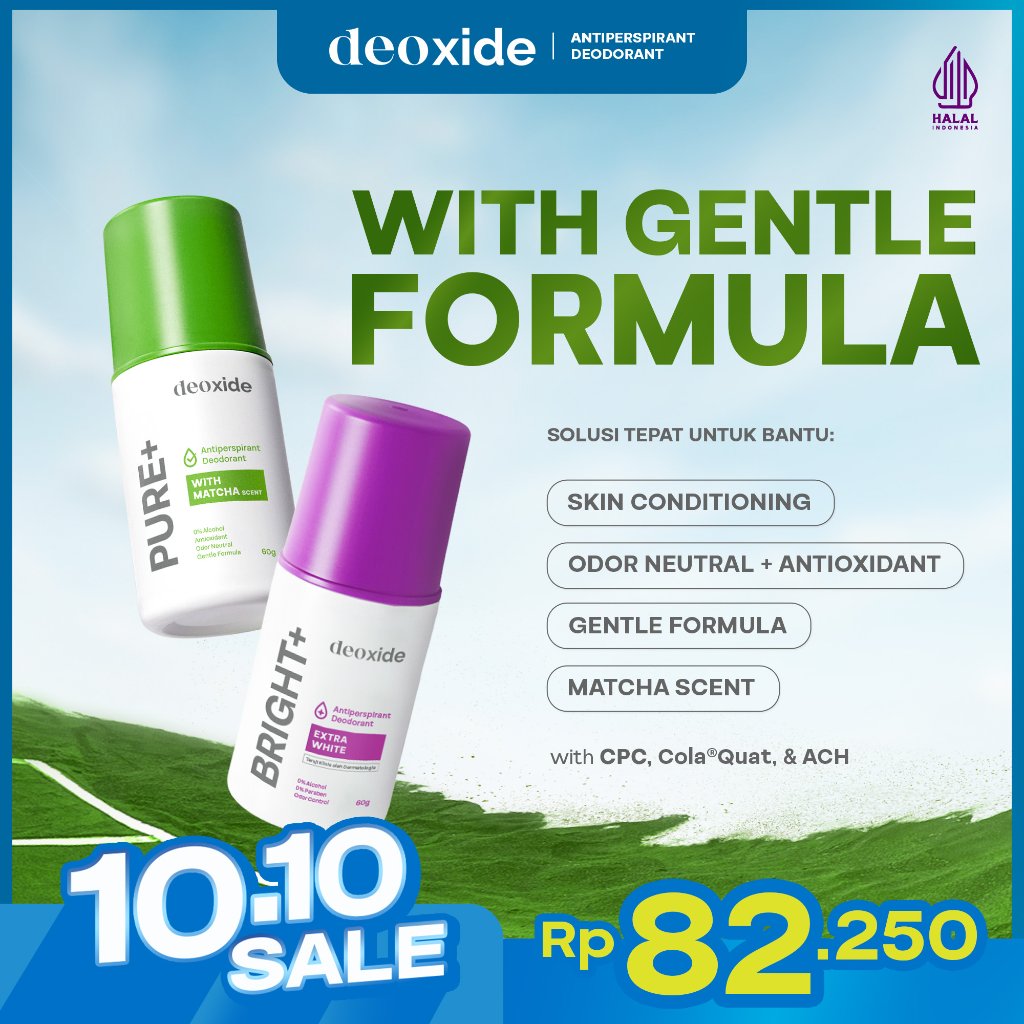 DEOXIDE Pure+ With Matcha Scent Antiperspirant Deodorant Roll On 60 gr & DEOXIDE Antiperspirant Deodorant Roll On BRIGHT+ For Brightening