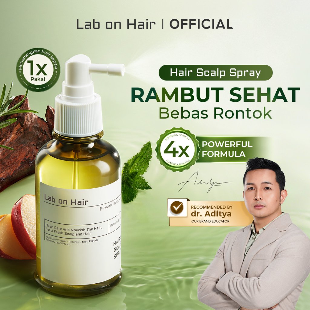 Lab On Hair Scalp Spray - Tonik Rambut Spray Hair Tonic 160 ml Mengurangi Rontok Menjaga Kesehatan Kulit Kepala dan Menguatkan Rambut Merawat Kesuburan Solusi Rambut Rontok dengan Redensyl + Multi Peptide + Apple Cider Vinegar + Rosemary Leaf Extract