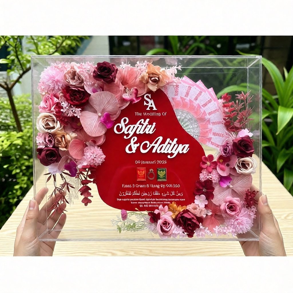MAHAR UANG  FREE PAKING KAYU MAHAR AKRILIK JUMBO 40x50 FREE UANG KERTAS 2 SISI