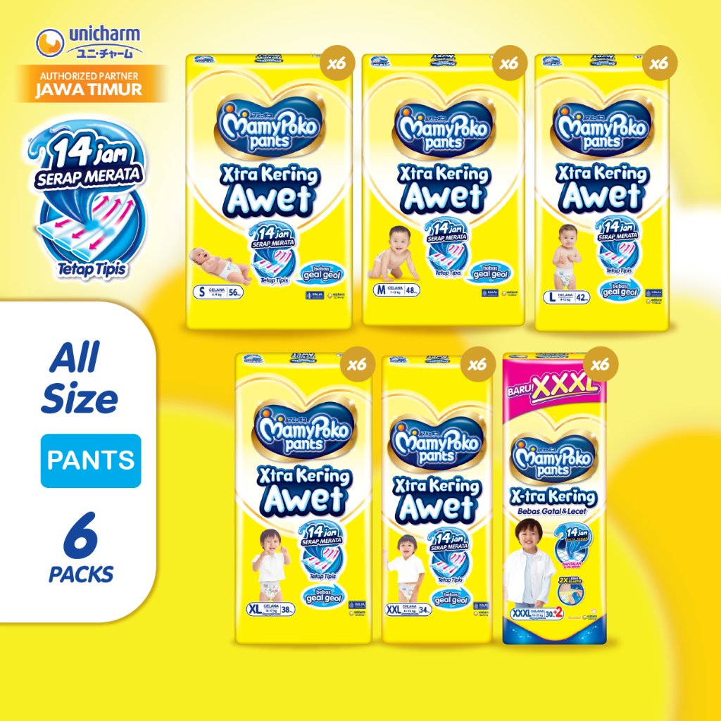 MamyPoko Pants X-tra Kering - Popok Celana - S-XXL - Ultra Jumbo 6 Pack / 2 Karton