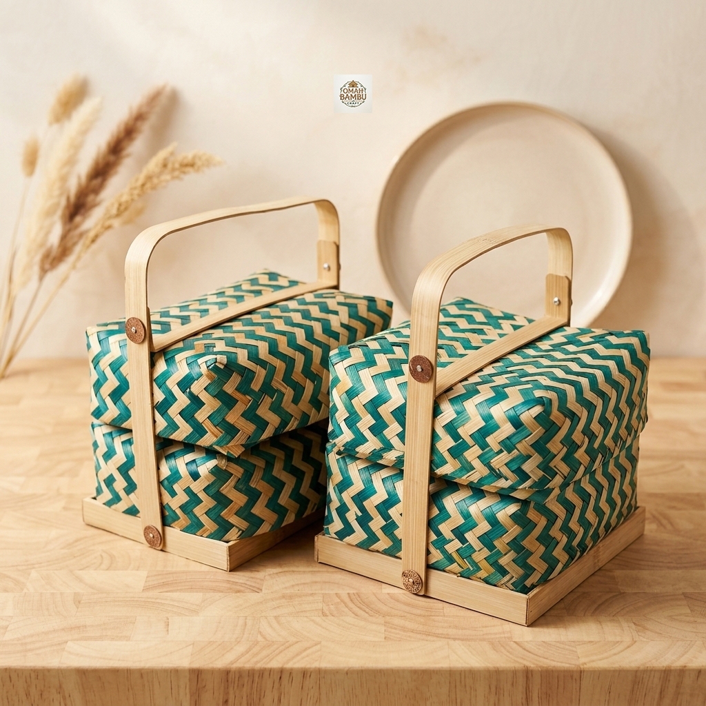 Rantang Besek Bambu Anyaman Hijau Motif Batik Zigzag / Tempat Hantaran Hampers Syukuran Lebaran Cate