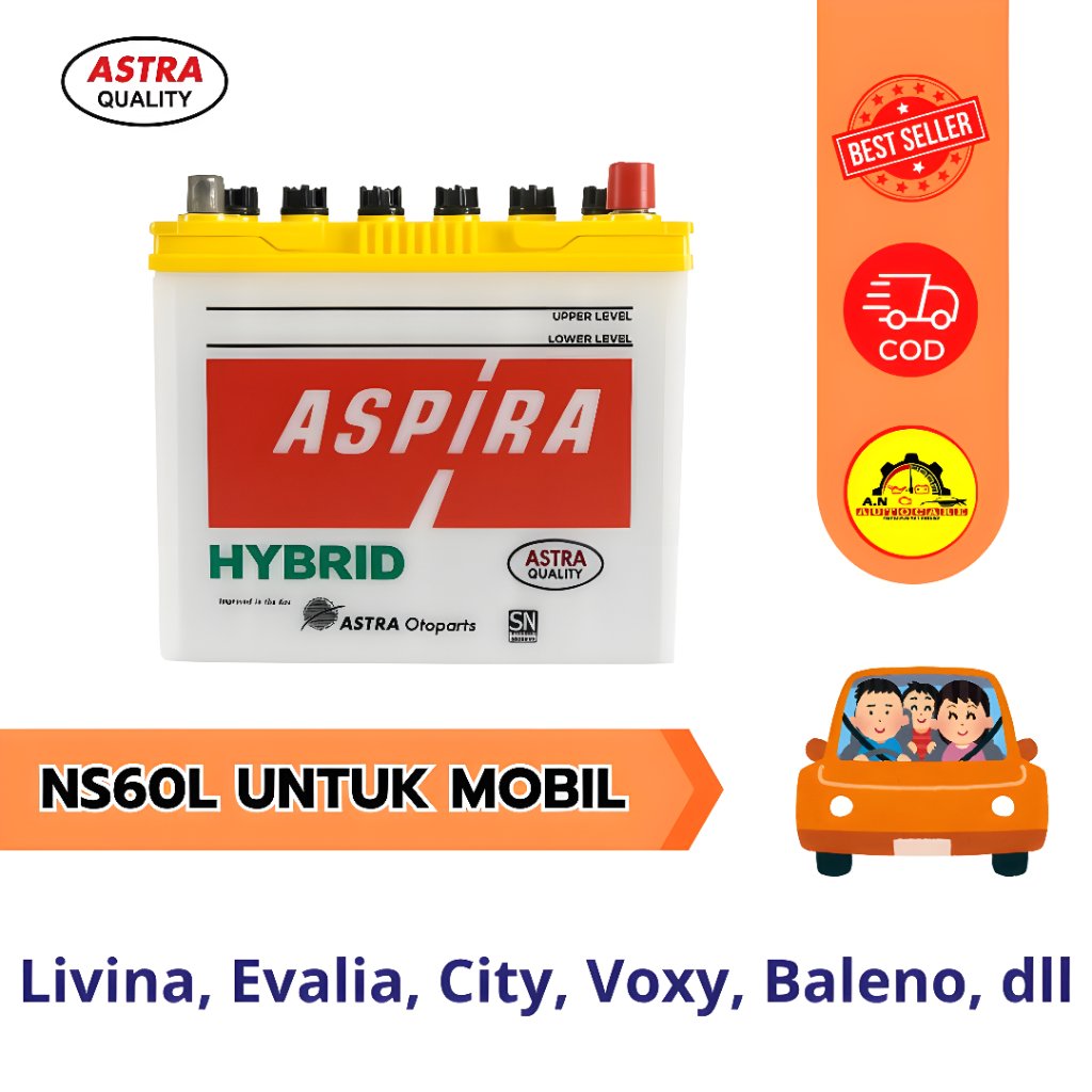 Aki Mobil Livina, Evalia, City, Voxy, Baleno - Accu Aspira NS60L Aki Basah 12 V / 45 Ah