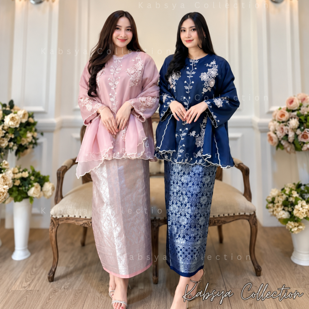 Setelan Kebaya Kurung Organza Fuji Sulam Bunga Premium dan Selendang Organza / Baju Tunik Organza / 