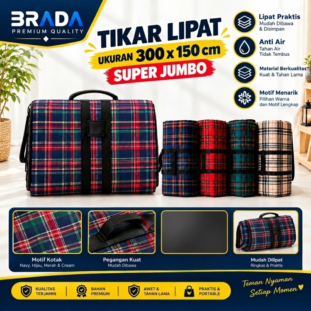 Tikar Lipat Piknik Karakter Microsatin 300x150cm Anti Air Outdoor Camping
