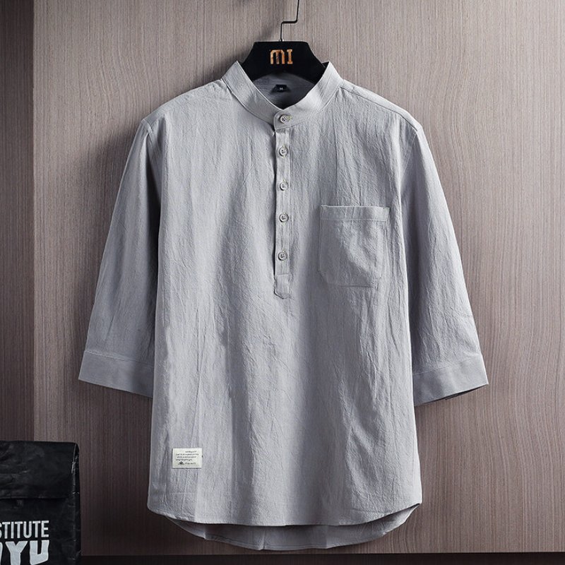 Kemeja pria lengan 3/4 longgar berbahan linen gaya tradisional Tiongkok