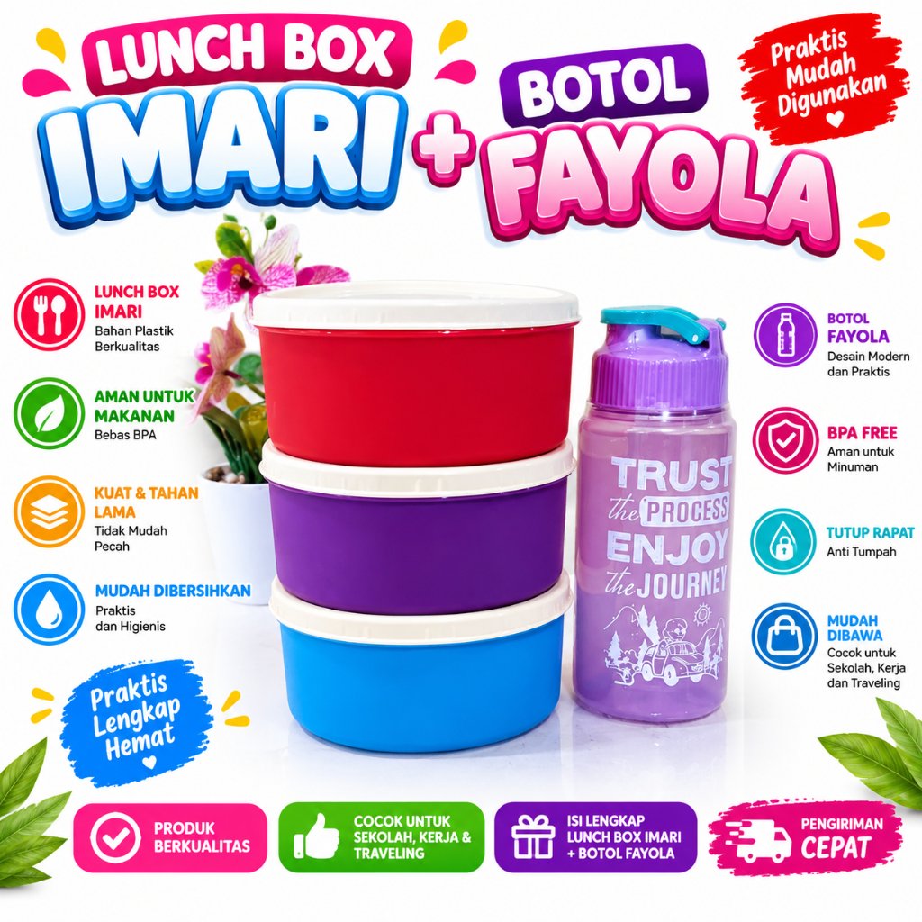 Kotak Makan Mini Anak 500 ML Lunch Box Wadah Bekal Cemilan Snack Lucu Tepak+BOTOL MINUM PLASTIK / BO