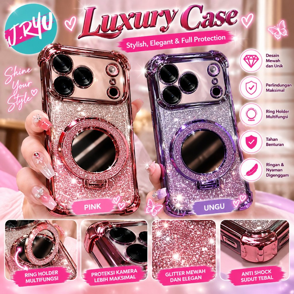 Case OPPO A Series Reno Series Luxury Glitter Cermin Ring Holder Anti Shock Casing HP Pink Ungu JRYU