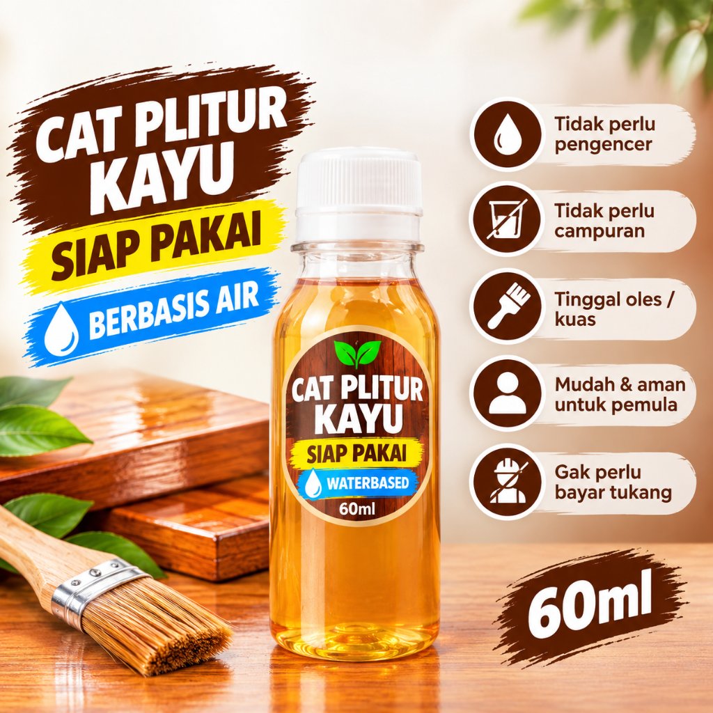 Politur Kayu Mengkilap 60ml Water Based Siap Pakai Pewarna Jati Mahoni Walnut Salak Akasia Woodstain