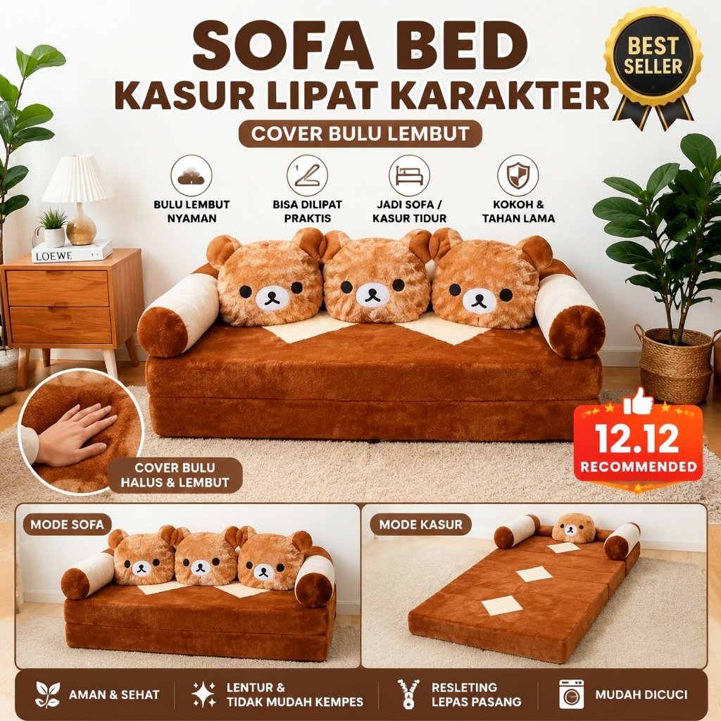 Sofa Bed Bulu Rasfur Kasur Lipat 2 in 1 Kasur Lantai Karakter Tebal 10cm dan 14cm Sofa Lipat Minimal