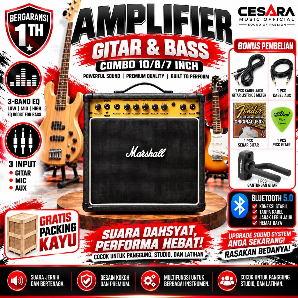 Ampli gitar dan bass 10 inch 8 inch 7 Inch bluetooth 3 input bisa untuk karaoke ada efek delay & dis